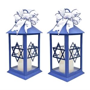 Blue Star of David Shabbat Lot 2 Candle Lantern Holder LED Light Large NWT Set